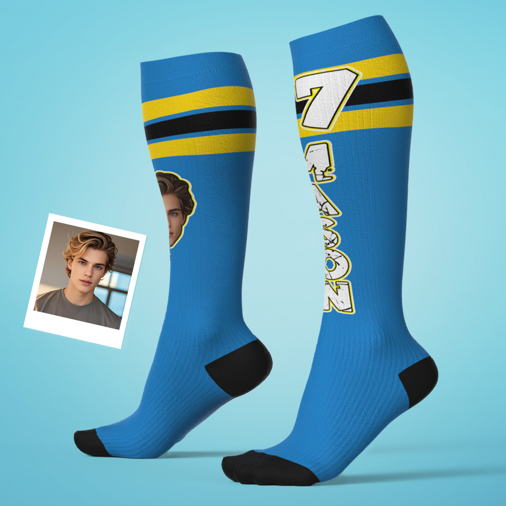 Custom Athletic Blue Knee High Socks Personalized Compression Socks Face and Text Knee High Socks - MyFaceSocksAU