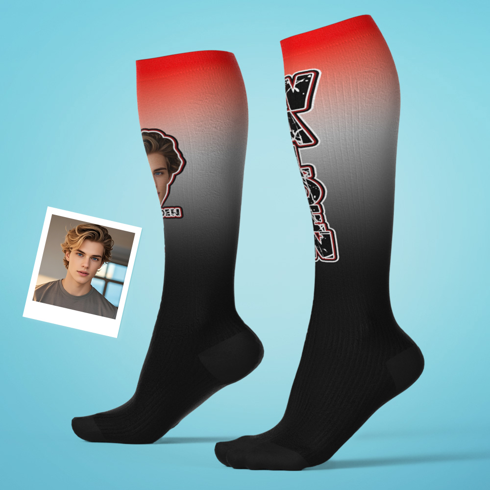 Custom Athletic Knee High Socks Gradient Blue And Yellow High Socks Personalized Compression Socks Face and Text Knee High Socks - MyFaceSocksAU