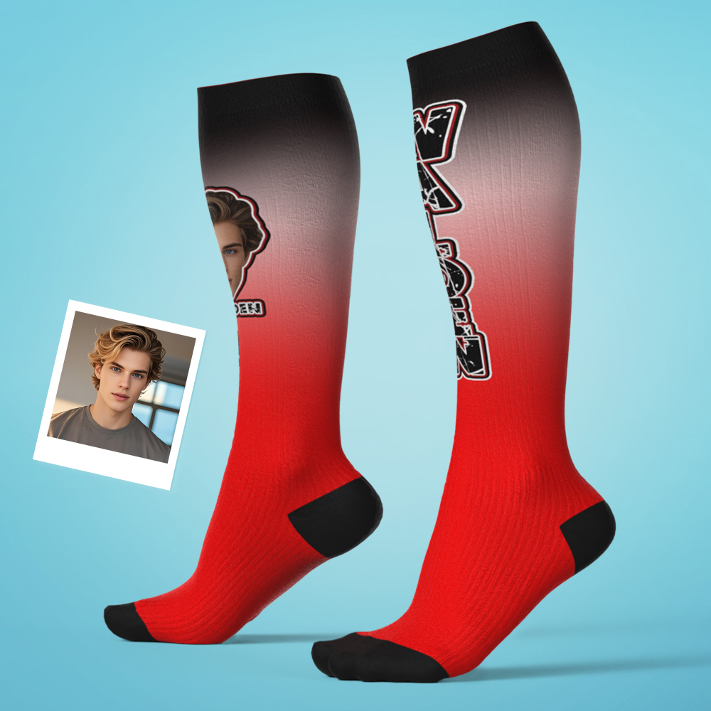 Custom Athletic Knee High Socks Gradient Blue And Yellow High Socks Personalized Compression Socks Face and Text Knee High Socks - MyFaceSocksAU