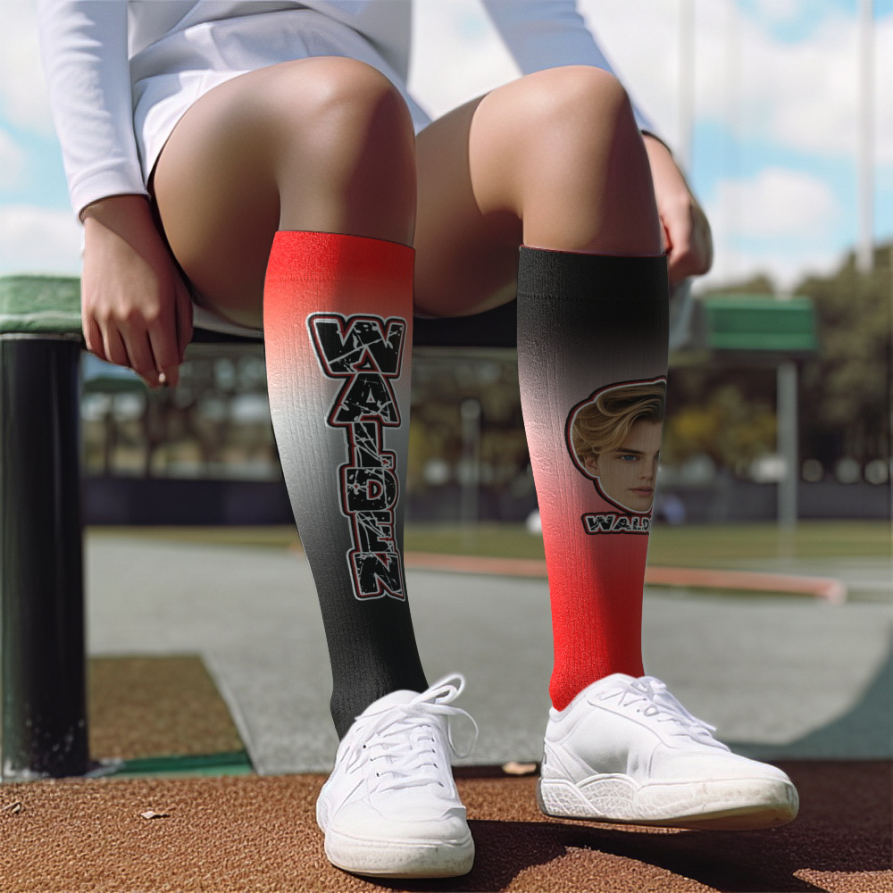 Custom Athletic Knee High Socks Gradient Blue And Yellow High Socks Personalized Compression Socks Face and Text Knee High Socks - MyFaceSocksAU