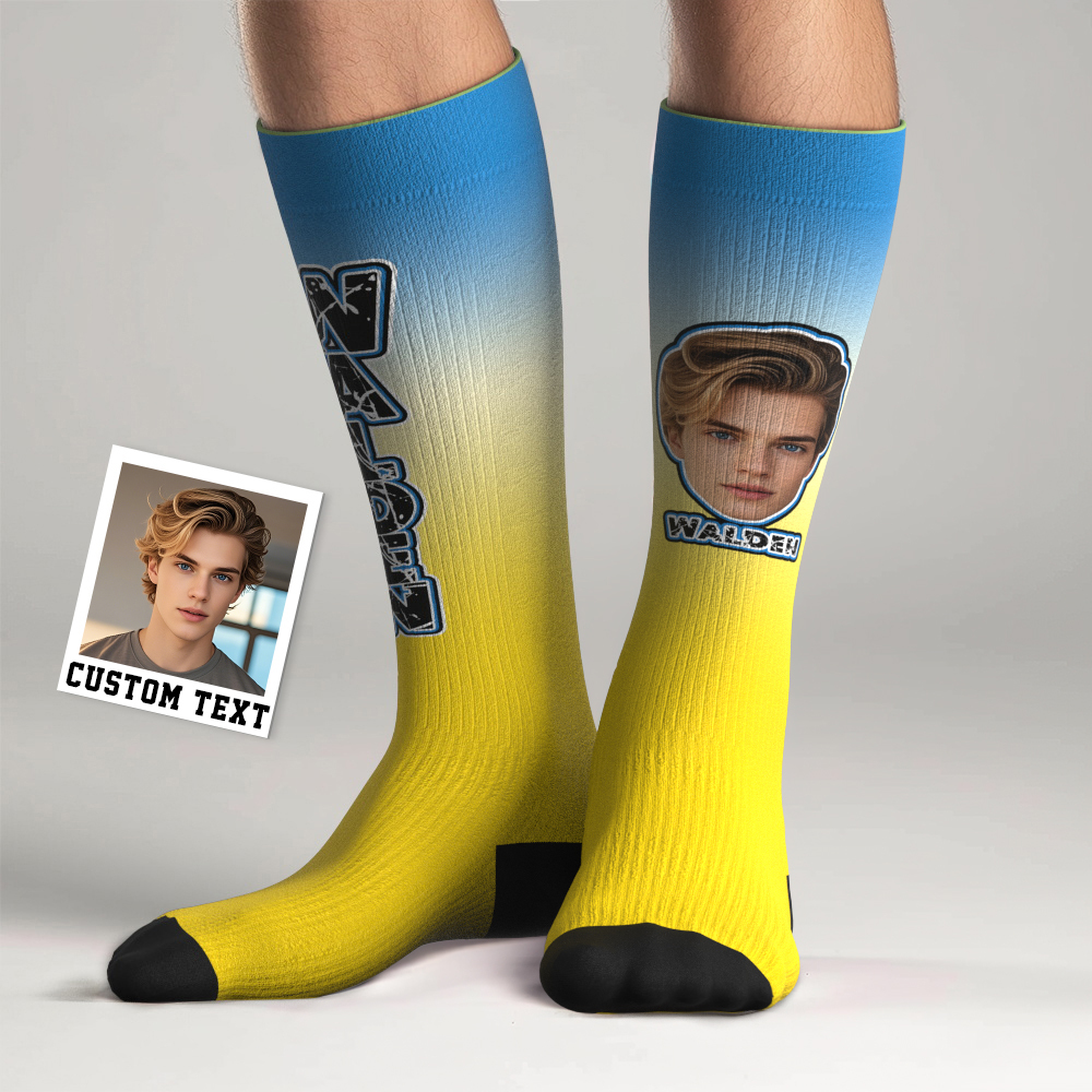 Custom Athletic Knee High Socks Gradient Blue And Yellow High Socks Personalized Compression Socks Face and Text Knee High Socks - MyFaceSocksAU
