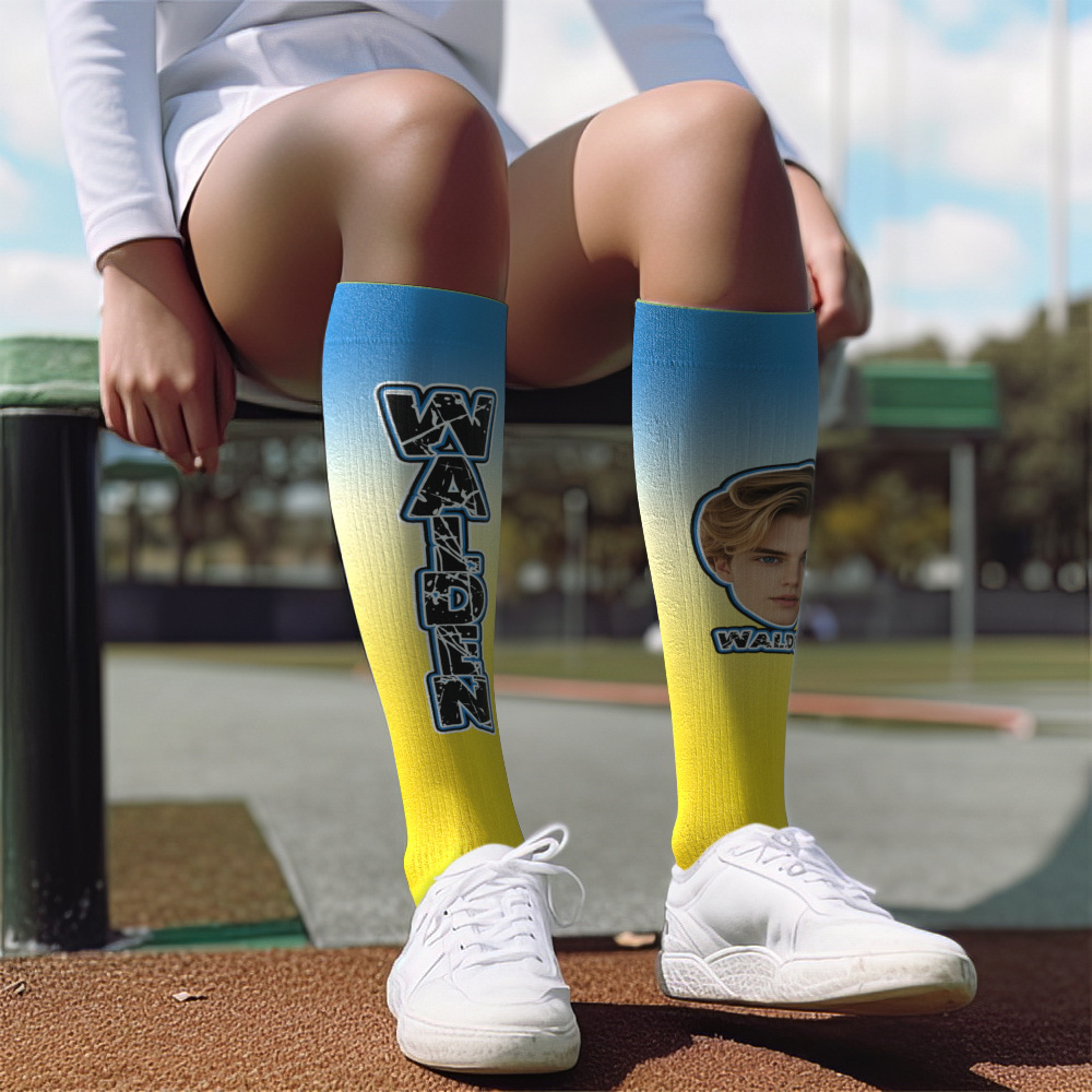 Custom Athletic Knee High Socks Gradient Blue And Yellow High Socks Personalized Compression Socks Face and Text Knee High Socks - MyFaceSocksAU