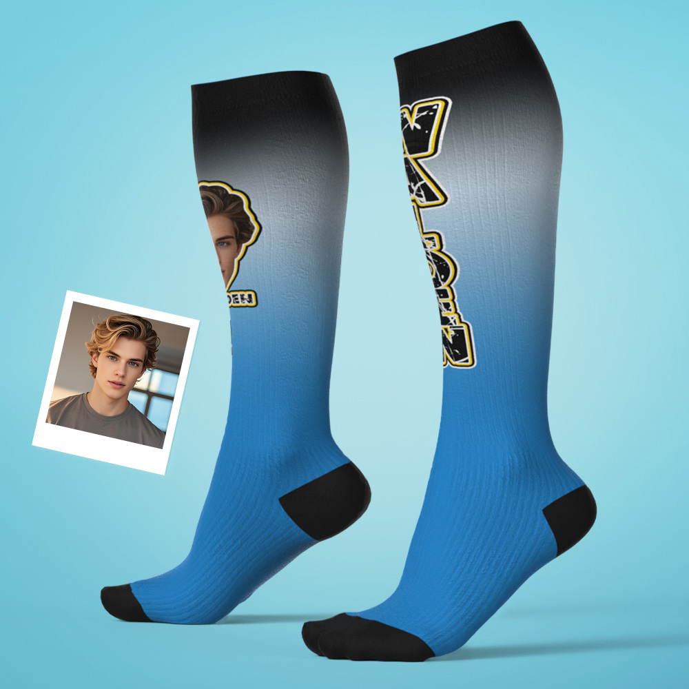 Custom Athletic Knee High Socks Gradient Blue And Yellow High Socks Personalized Compression Socks Face and Text Knee High Socks - MyFaceSocksAU