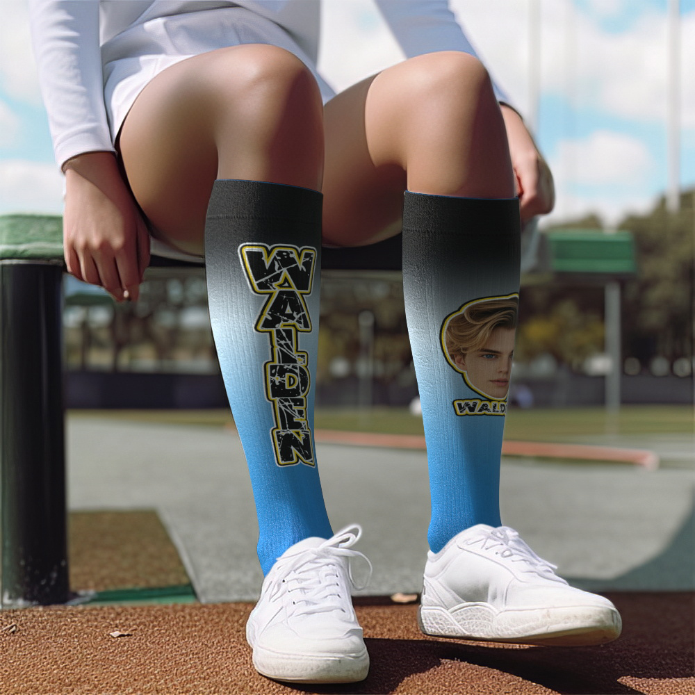 Custom Athletic Knee High Socks Gradient Blue And Yellow High Socks Personalized Compression Socks Face and Text Knee High Socks - MyFaceSocksAU