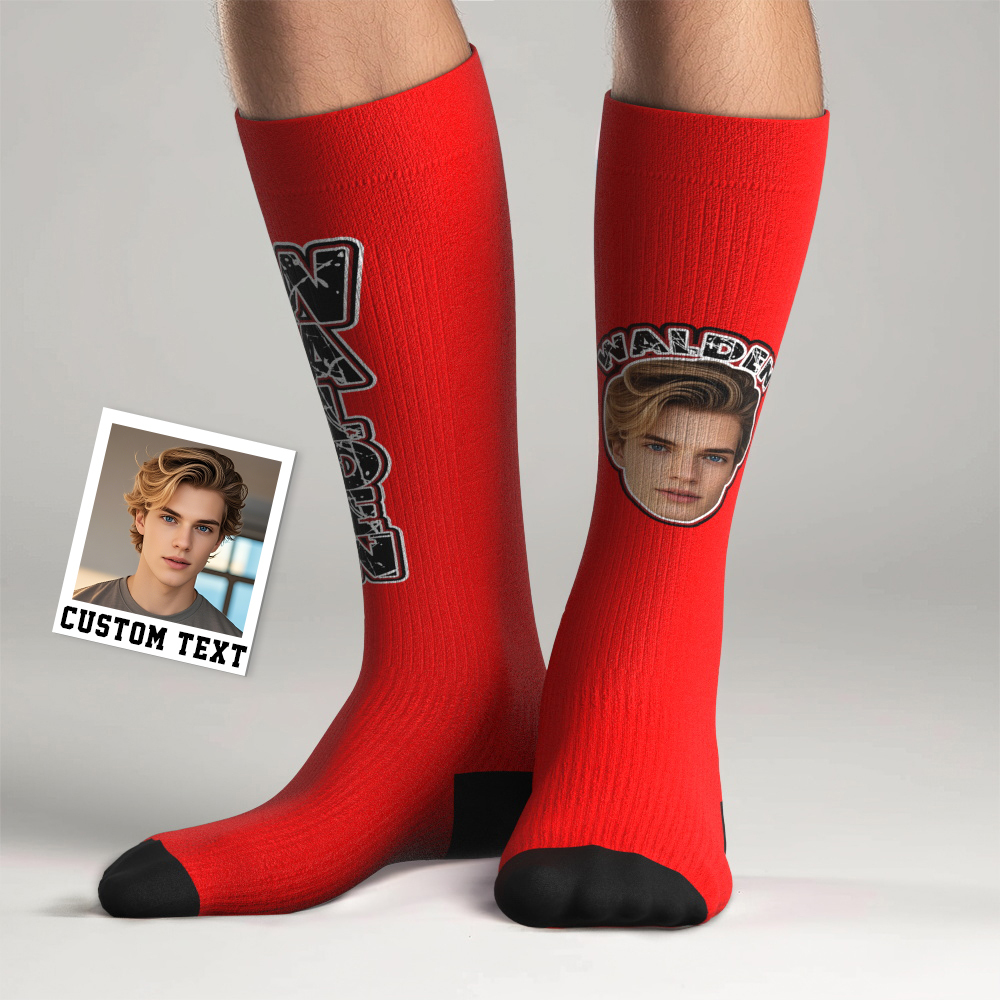 Custom Athletic Knee High Socks Blue High Socks Personalized Compression Socks Face and Text Knee High Socks - MyFaceSocksAU