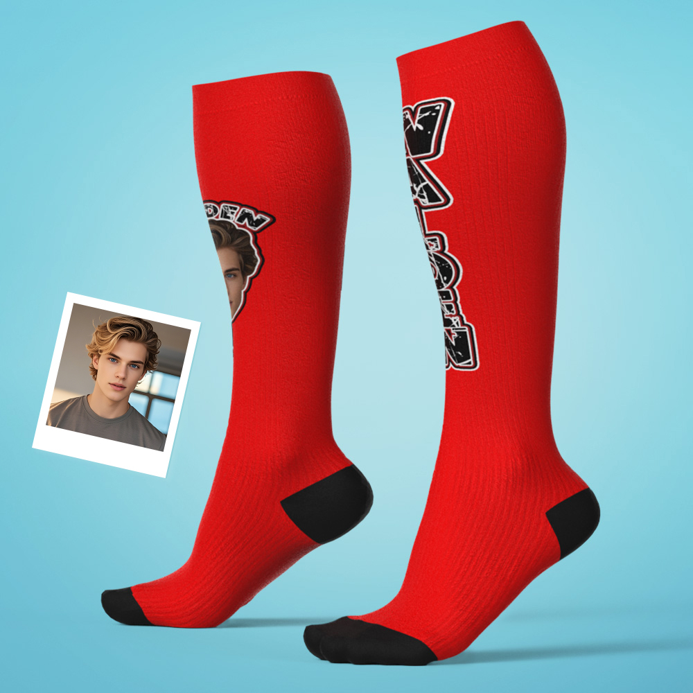 Custom Athletic Knee High Socks Blue High Socks Personalized Compression Socks Face and Text Knee High Socks - MyFaceSocksAU
