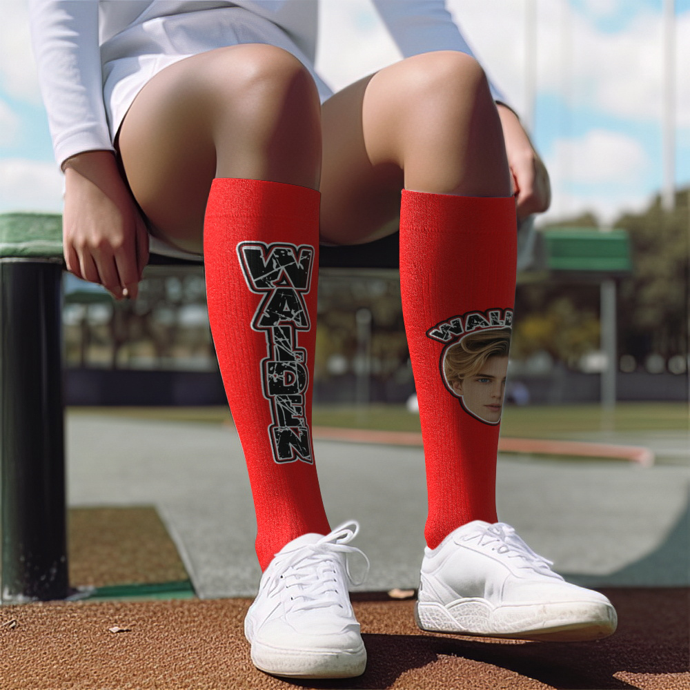 Custom Athletic Knee High Socks Blue High Socks Personalized Compression Socks Face and Text Knee High Socks - MyFaceSocksAU