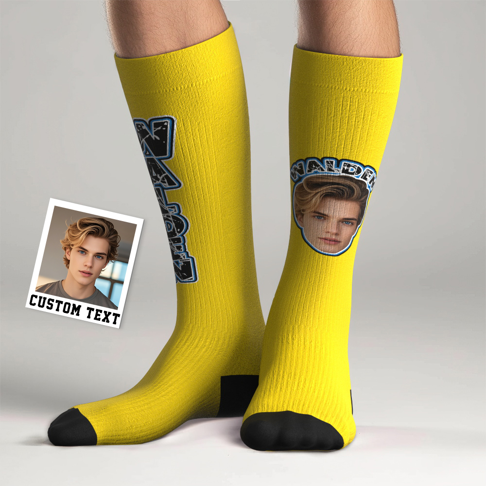 Custom Athletic Knee High Socks Blue High Socks Personalized Compression Socks Face and Text Knee High Socks - MyFaceSocksAU