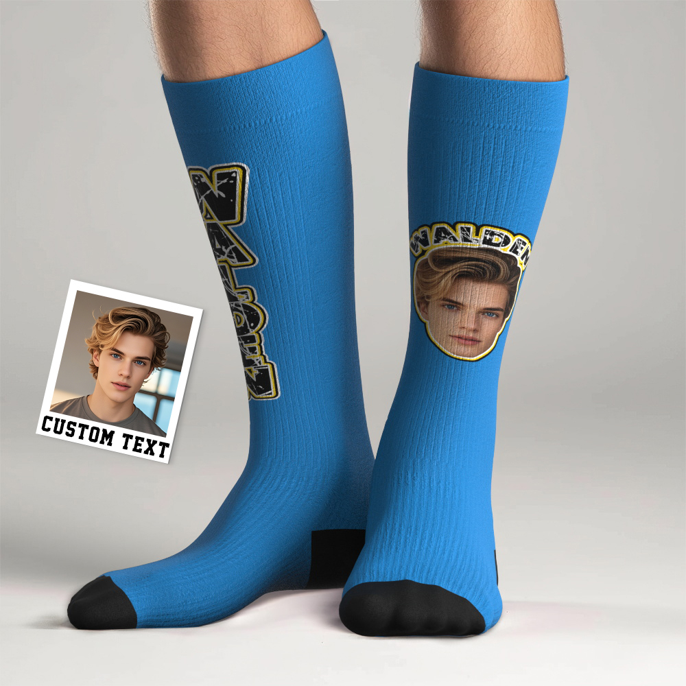 Custom Athletic Knee High Socks Blue High Socks Personalized Compression Socks Face and Text Knee High Socks - MyFaceSocksAU