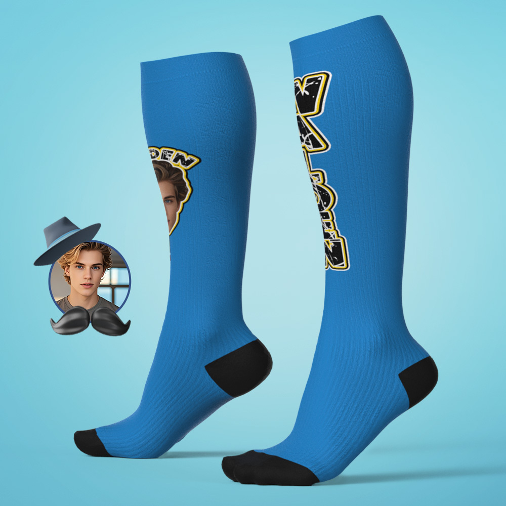 Custom Athletic Knee High Socks Blue High Socks Personalized Compression Socks Face and Text Knee High Socks - MyFaceSocksAU