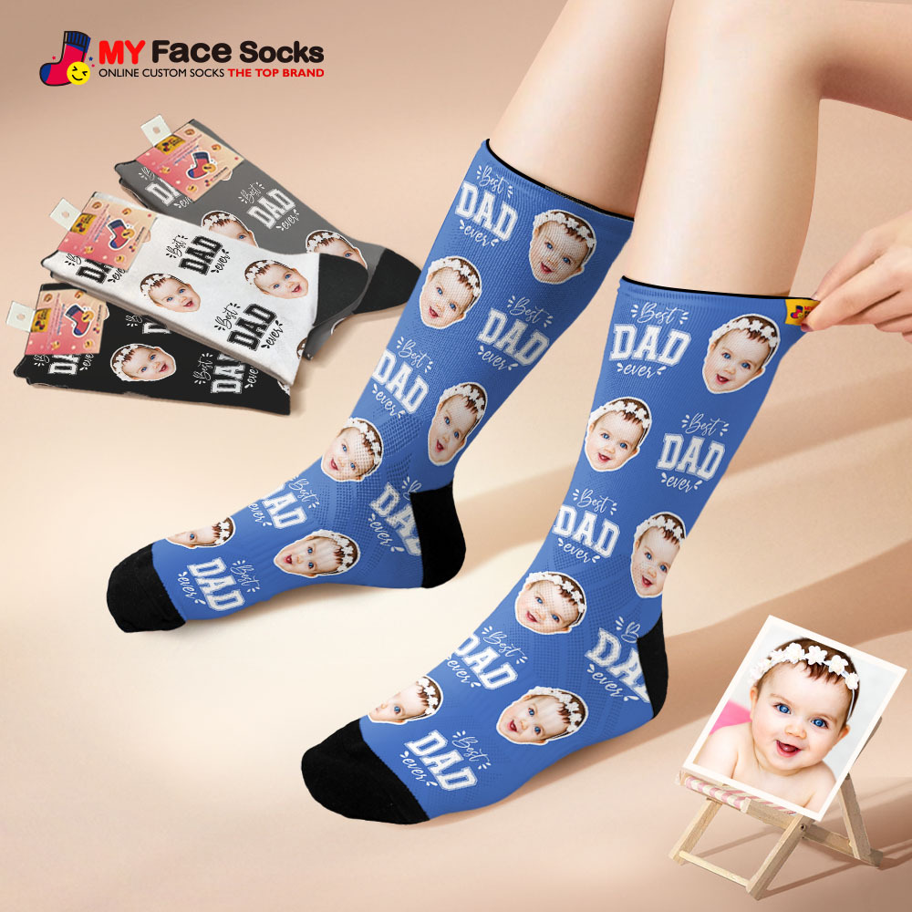 Custom Best Dad Ever Blue Photo Print Socks Colorful  Dad Socks Personalized Custom Design Best Fathers Day Gift - MyFaceSocksAU
