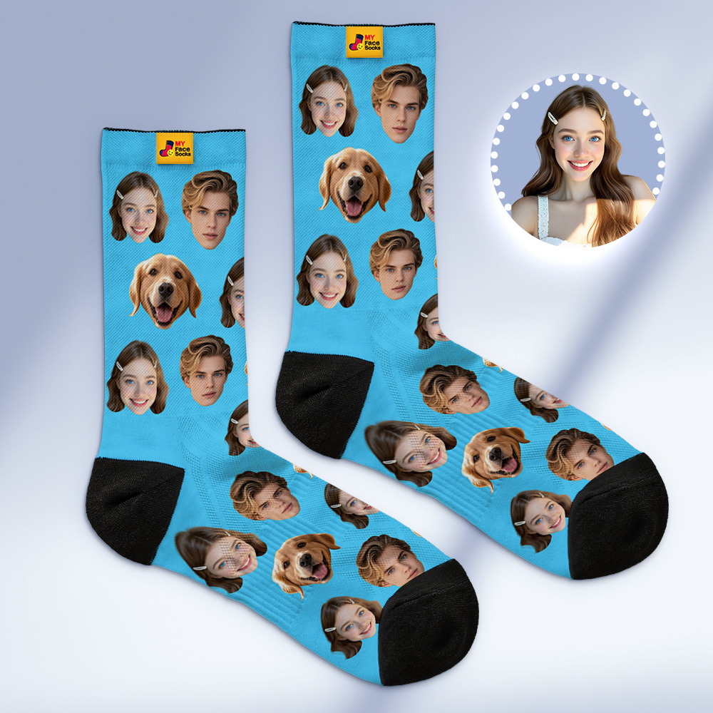 Custom Face Socks Personalized Socks with Faces Photo Blue Funny Gift Photo Family Socks - MyFaceSocksAU