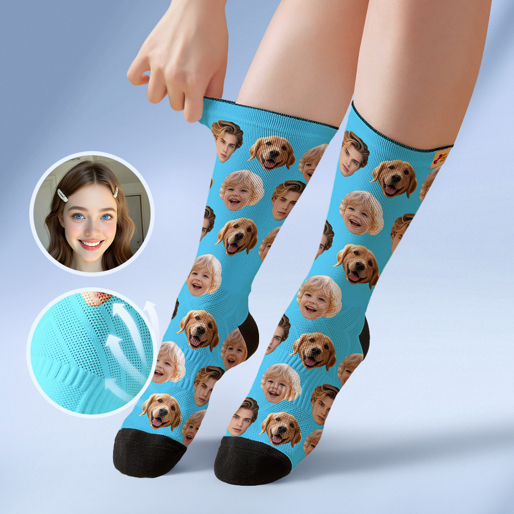 Custom Face Socks Personalized Socks with Faces Photo Blue Funny Gift Photo Family Socks - MyFaceSocksAU