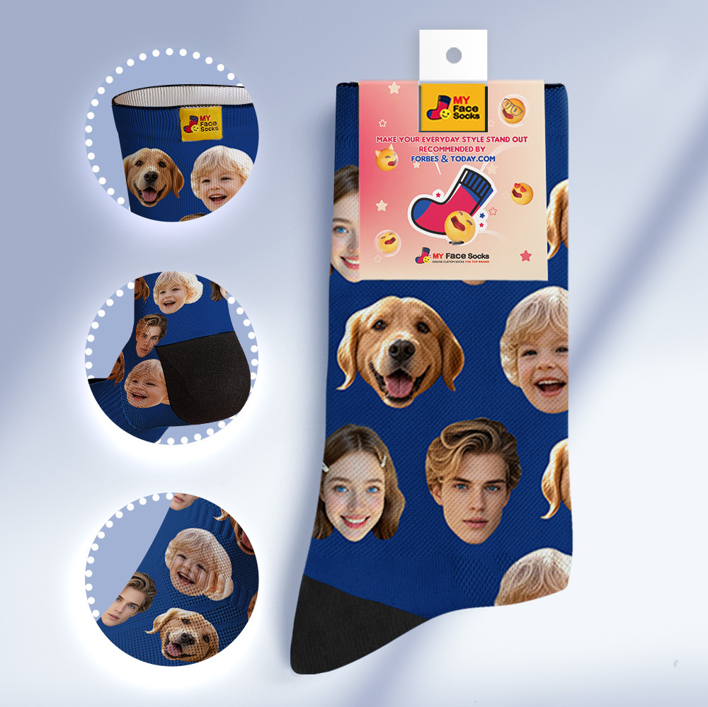 Custom Face Socks Personalized Socks with Faces Photo Blue Funny Gift Photo Family Socks - MyFaceSocksAU