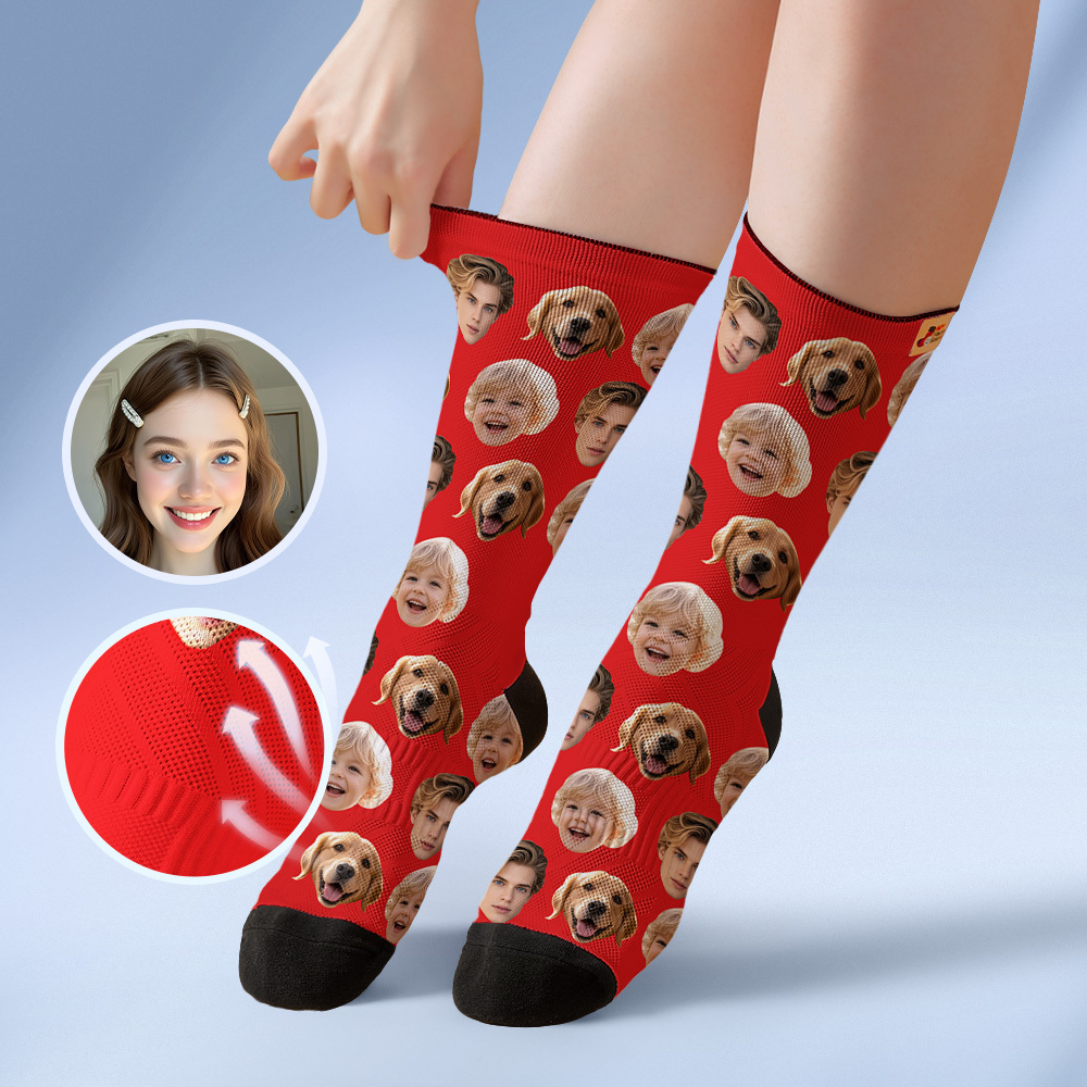 Custom Face Socks Personalized Socks with Faces Photo Red Funny Gift Photo Family Socks - MyFaceSocksAU