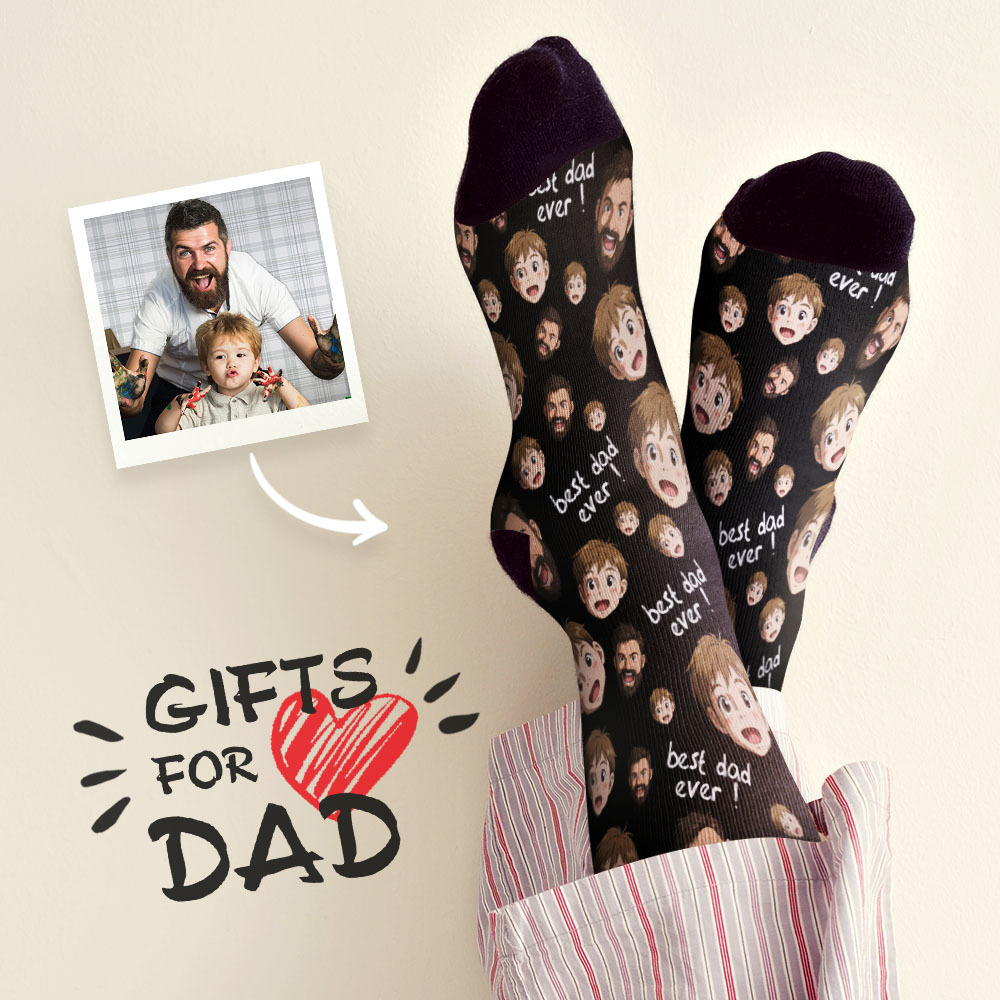 Custom Cartoon Dad Photo Print Socks Colorful Grey Blue Socks Personalized Custom Design Best Fathers Day Gift - MyFaceSocksAU