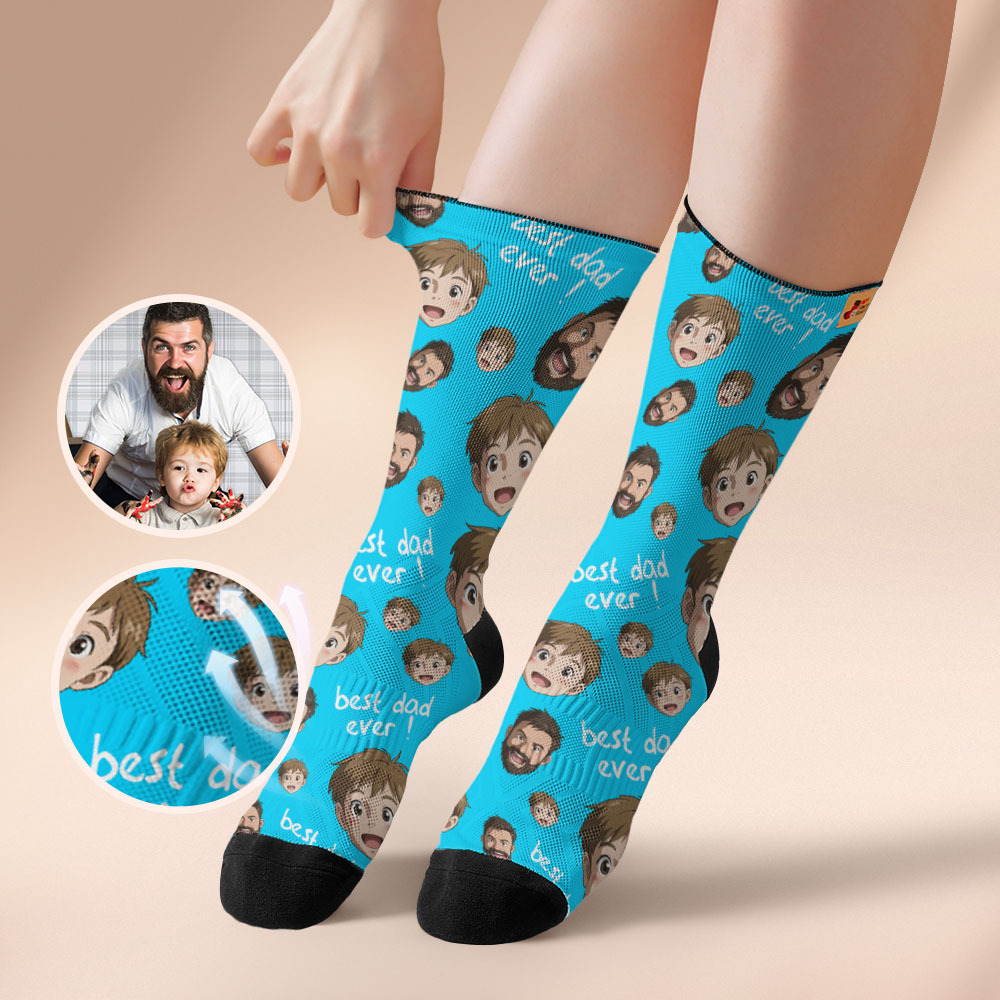 Custom Cartoon Dad Photo Print Socks Colorful Grey Blue Socks Personalized Custom Design Best Fathers Day Gift - MyFaceSocksAU