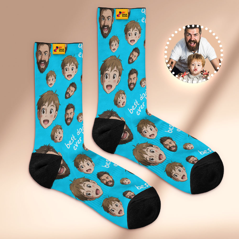 Custom Cartoon Dad Photo Print Socks Colorful Grey Blue Socks Personalized Custom Design Best Fathers Day Gift - MyFaceSocksAU