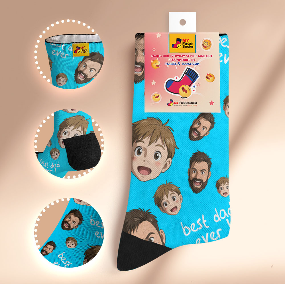 Custom Cartoon Dad Photo Print Socks Colorful Grey Blue Socks Personalized Custom Design Best Fathers Day Gift - MyFaceSocksAU