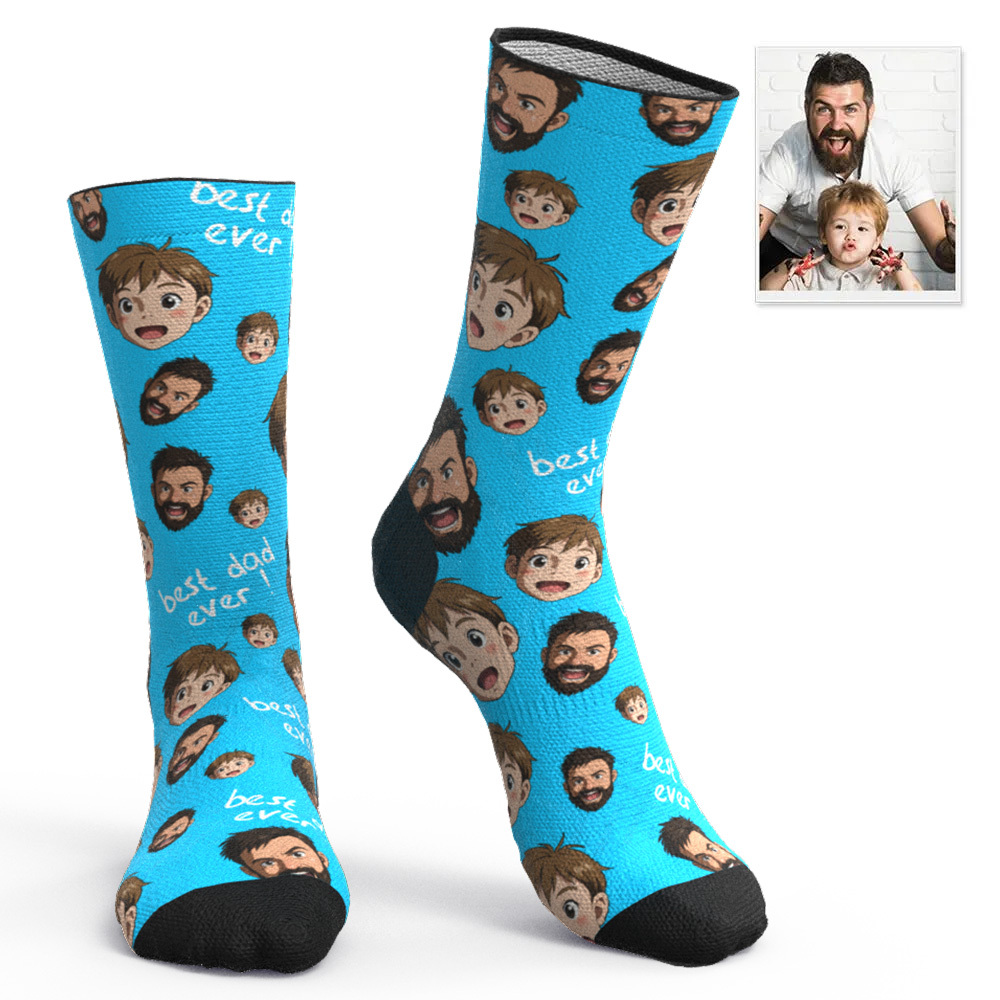 Custom Cartoon Dad Photo Print Socks Colorful Grey Blue Socks Personalized Custom Design Best Fathers Day Gift - MyFaceSocksAU