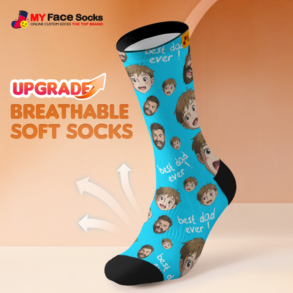 Custom Cartoon Dad Photo Print Socks Colorful Grey Blue Socks Personalized Custom Design Best Fathers Day Gift - MyFaceSocksAU