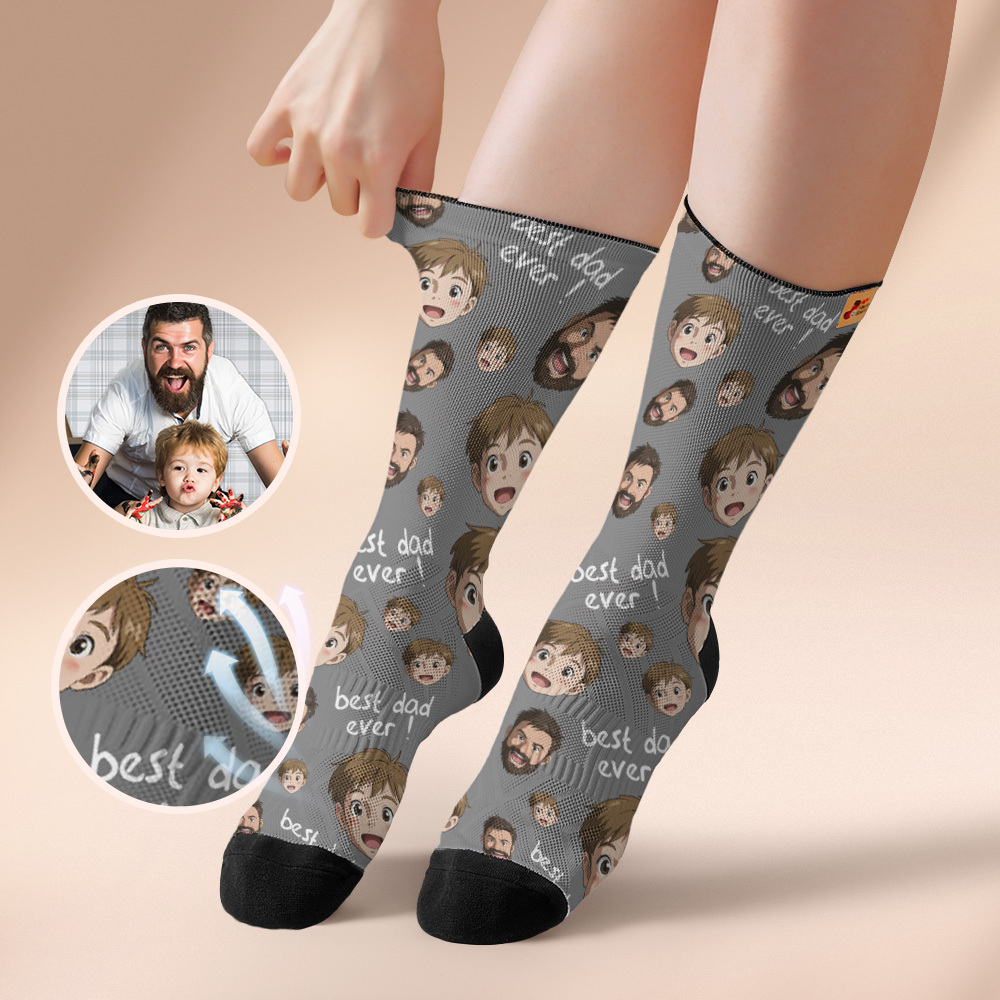 Custom Cartoon Dad Photo Print Socks Colorful Grey Blue Socks Personalized Custom Design Best Fathers Day Gift - MyFaceSocksAU