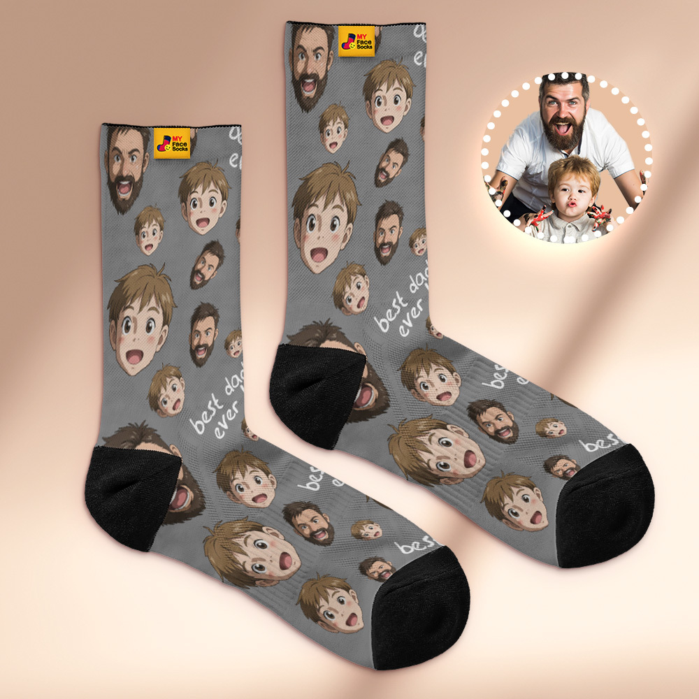 Custom Cartoon Dad Photo Print Socks Colorful Grey Blue Socks Personalized Custom Design Best Fathers Day Gift - MyFaceSocksAU