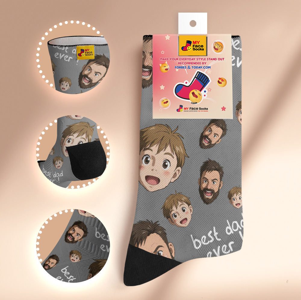 Custom Cartoon Dad Photo Print Socks Colorful Grey Blue Socks Personalized Custom Design Best Fathers Day Gift - MyFaceSocksAU