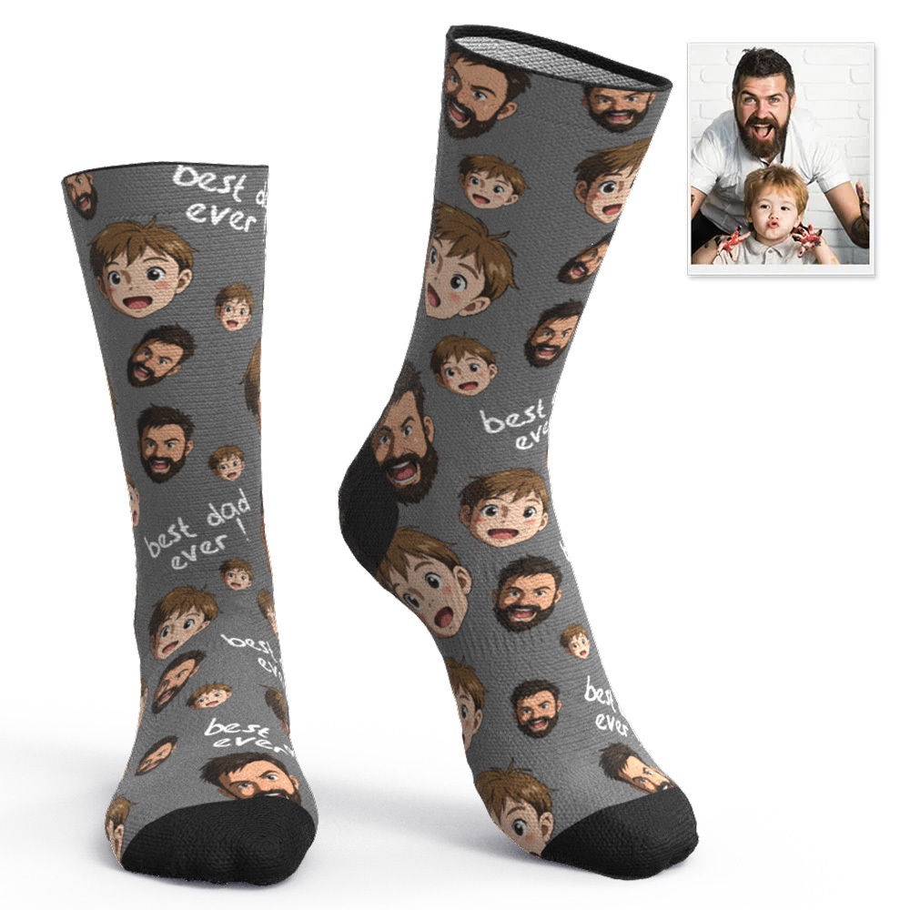 Custom Cartoon Dad Photo Print Socks Colorful Grey Blue Socks Personalized Custom Design Best Fathers Day Gift - MyFaceSocksAU
