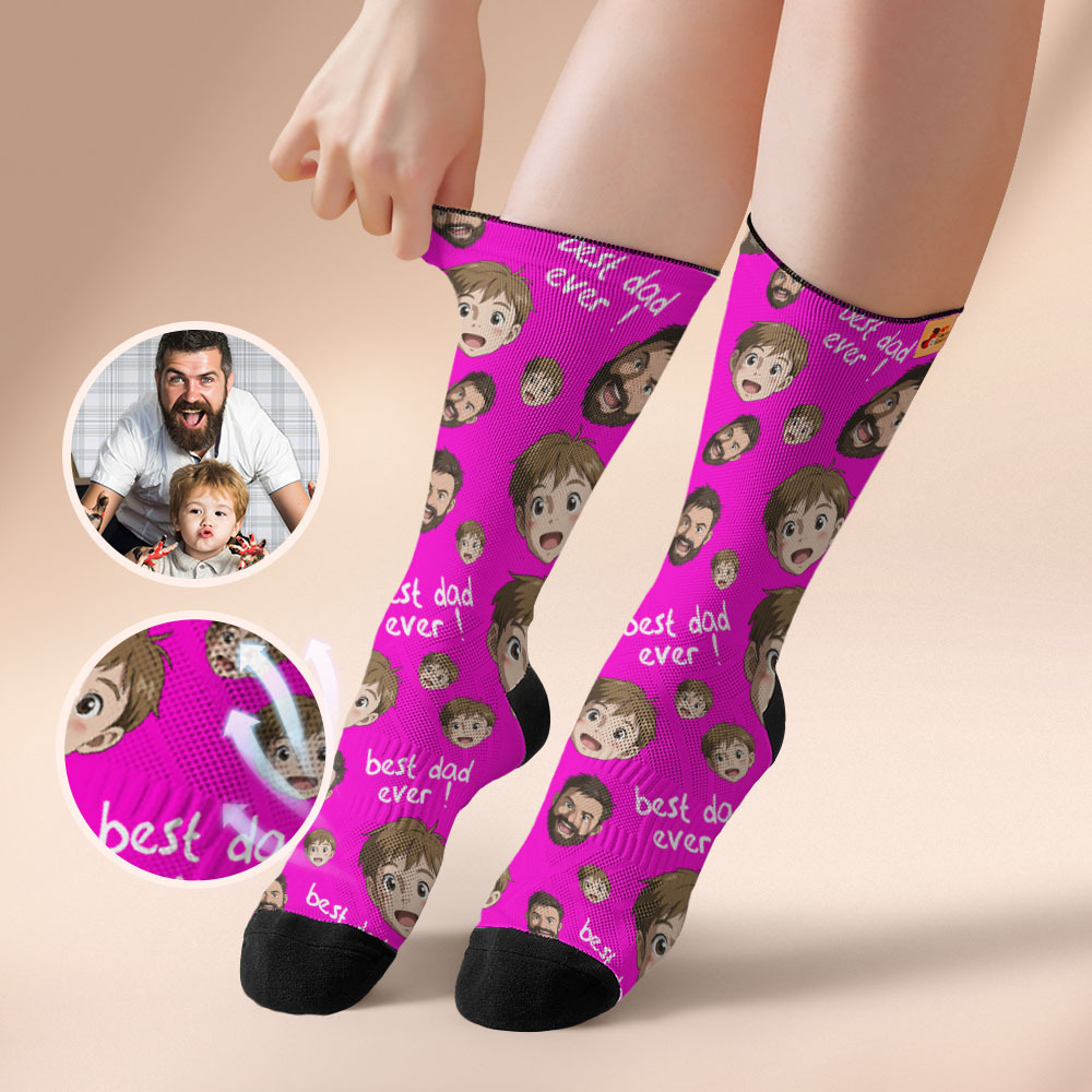 Custom Cartoon Dad Photo Print Socks Colorful Grey Blue Socks Personalized Custom Design Best Fathers Day Gift - MyFaceSocksAU