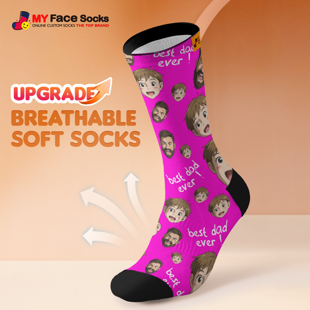 Custom Cartoon Dad Photo Print Socks Colorful Grey Blue Socks Personalized Custom Design Best Fathers Day Gift - MyFaceSocksAU