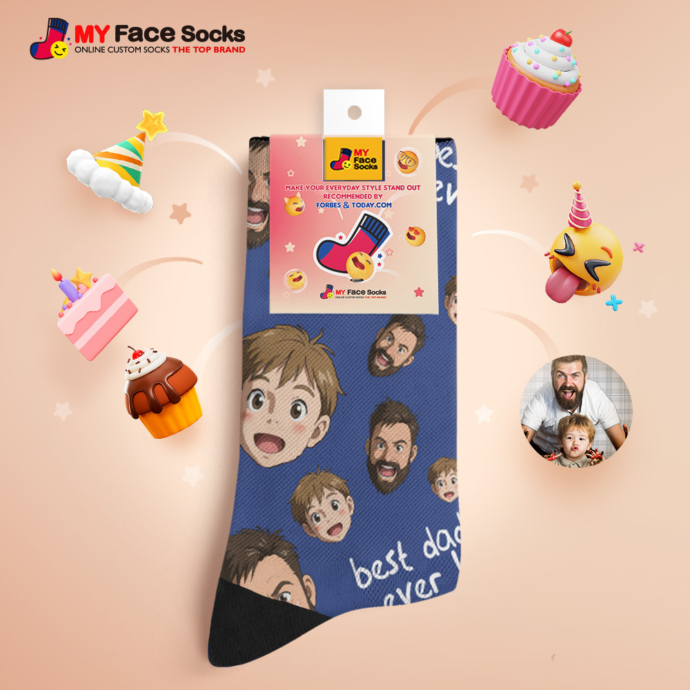 Custom Cartoon Dad Photo Print Socks Colorful Grey Blue Socks Personalized Custom Design Best Fathers Day Gift - MyFaceSocksAU