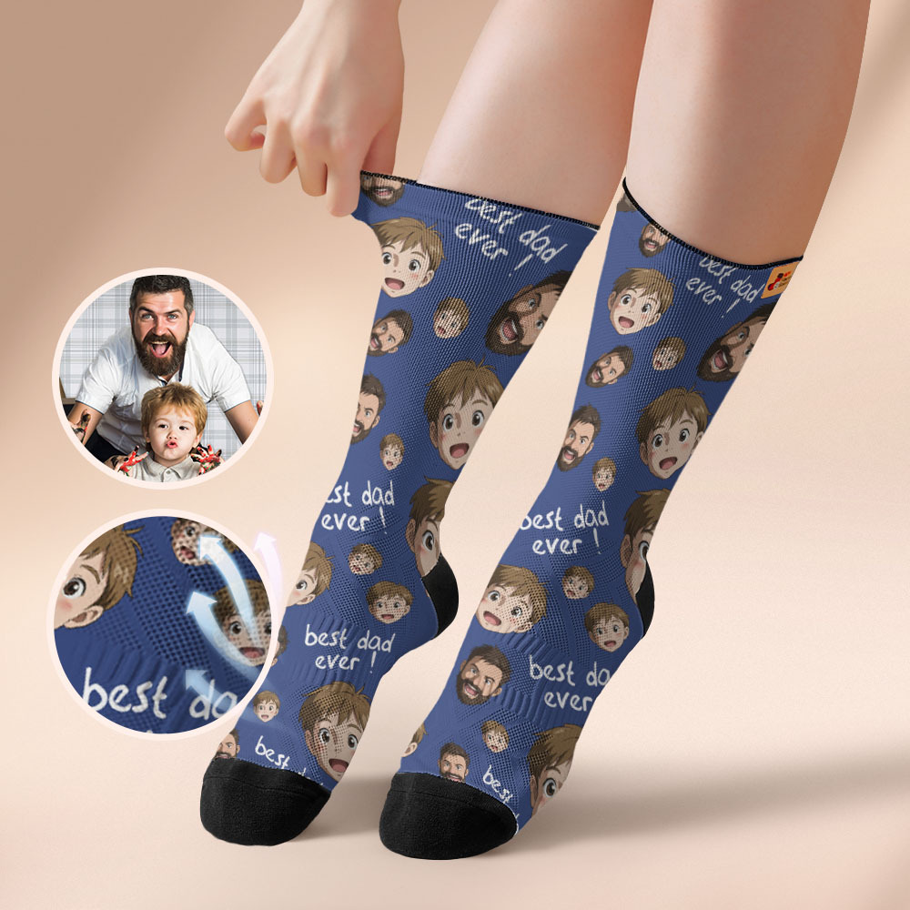 Custom Cartoon Dad Photo Print Socks Colorful  Dad Blue Socks Personalized Custom Design Best Fathers Day Gift - MyFaceSocksAU