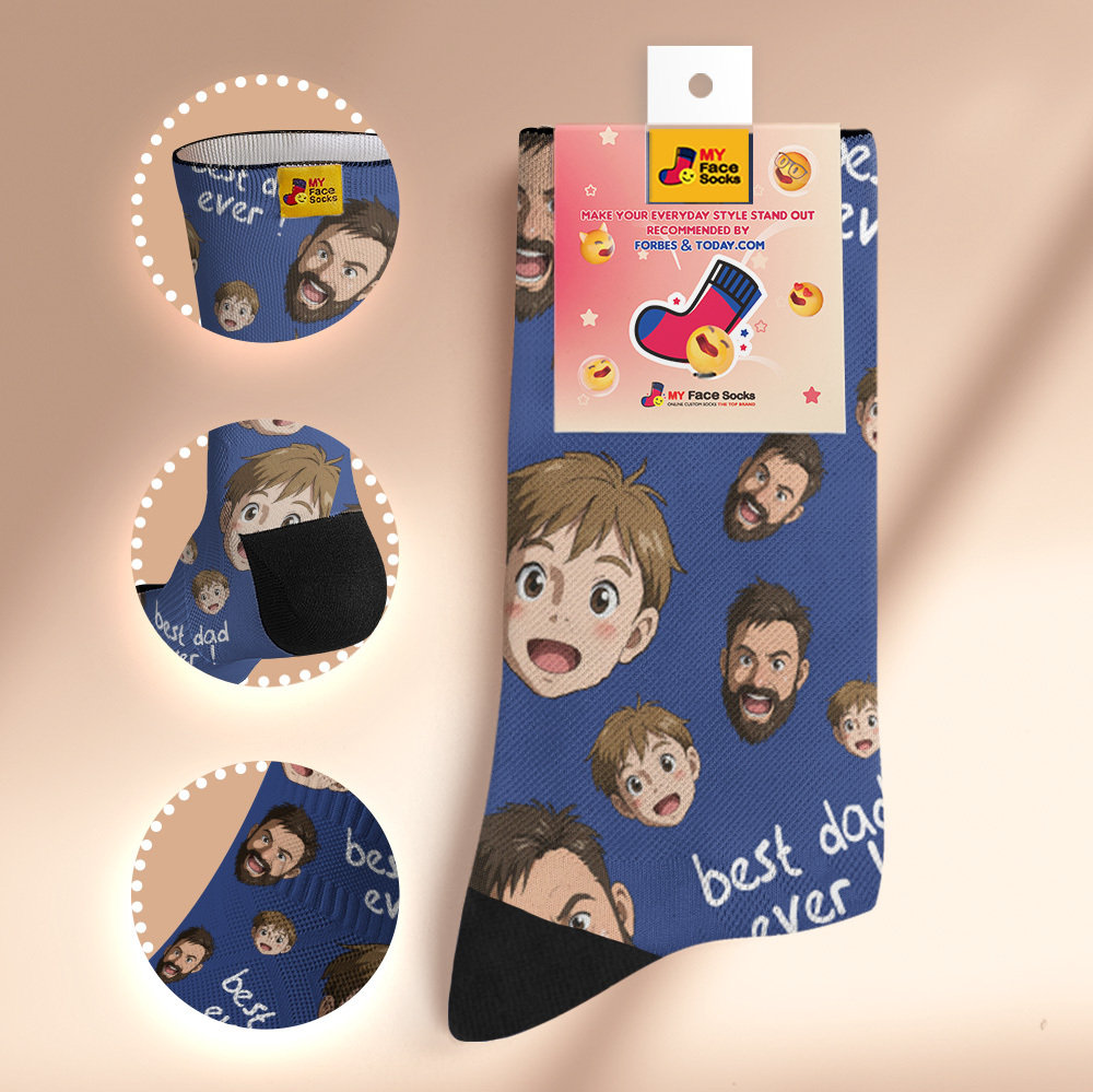 Custom Cartoon Dad Photo Print Socks Colorful  Dad Blue Socks Personalized Custom Design Best Fathers Day Gift - MyFaceSocksAU