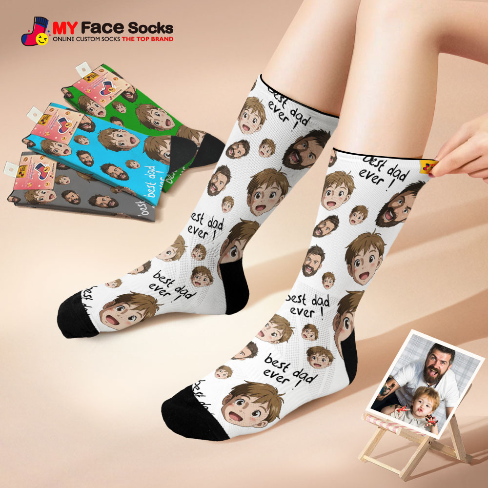 Custom Cartoon Dad Photo Print Socks Colorful Grey Blue Socks Personalized Custom Design Best Fathers Day Gift - MyFaceSocksAU