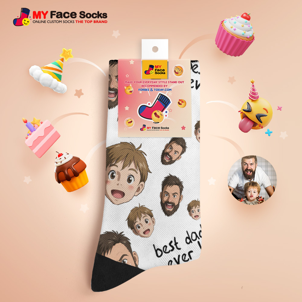 Custom Cartoon Dad Photo Print Socks Colorful Grey Blue Socks Personalized Custom Design Best Fathers Day Gift - MyFaceSocksAU