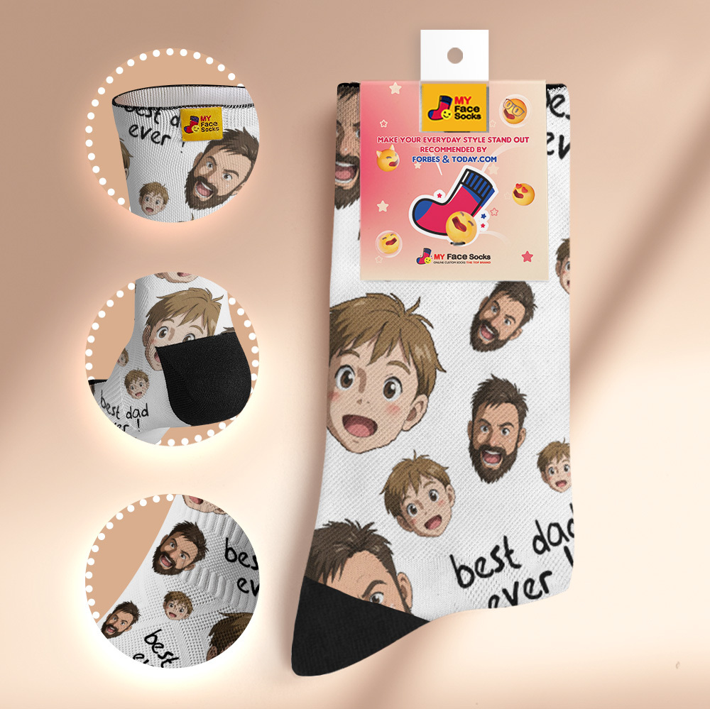Custom Cartoon Dad Photo Print Socks Colorful Grey Blue Socks Personalized Custom Design Best Fathers Day Gift - MyFaceSocksAU