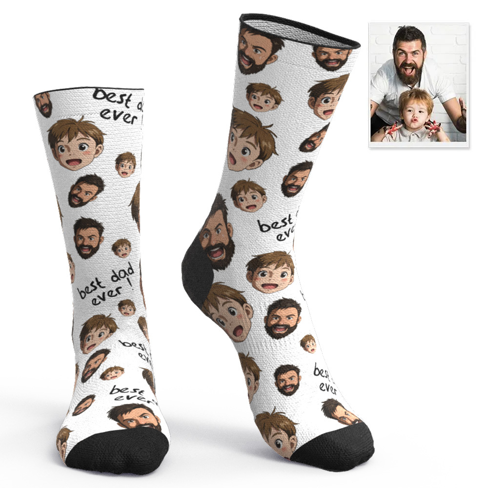 Custom Cartoon Dad Photo Print Socks Colorful Grey Blue Socks Personalized Custom Design Best Fathers Day Gift - MyFaceSocksAU