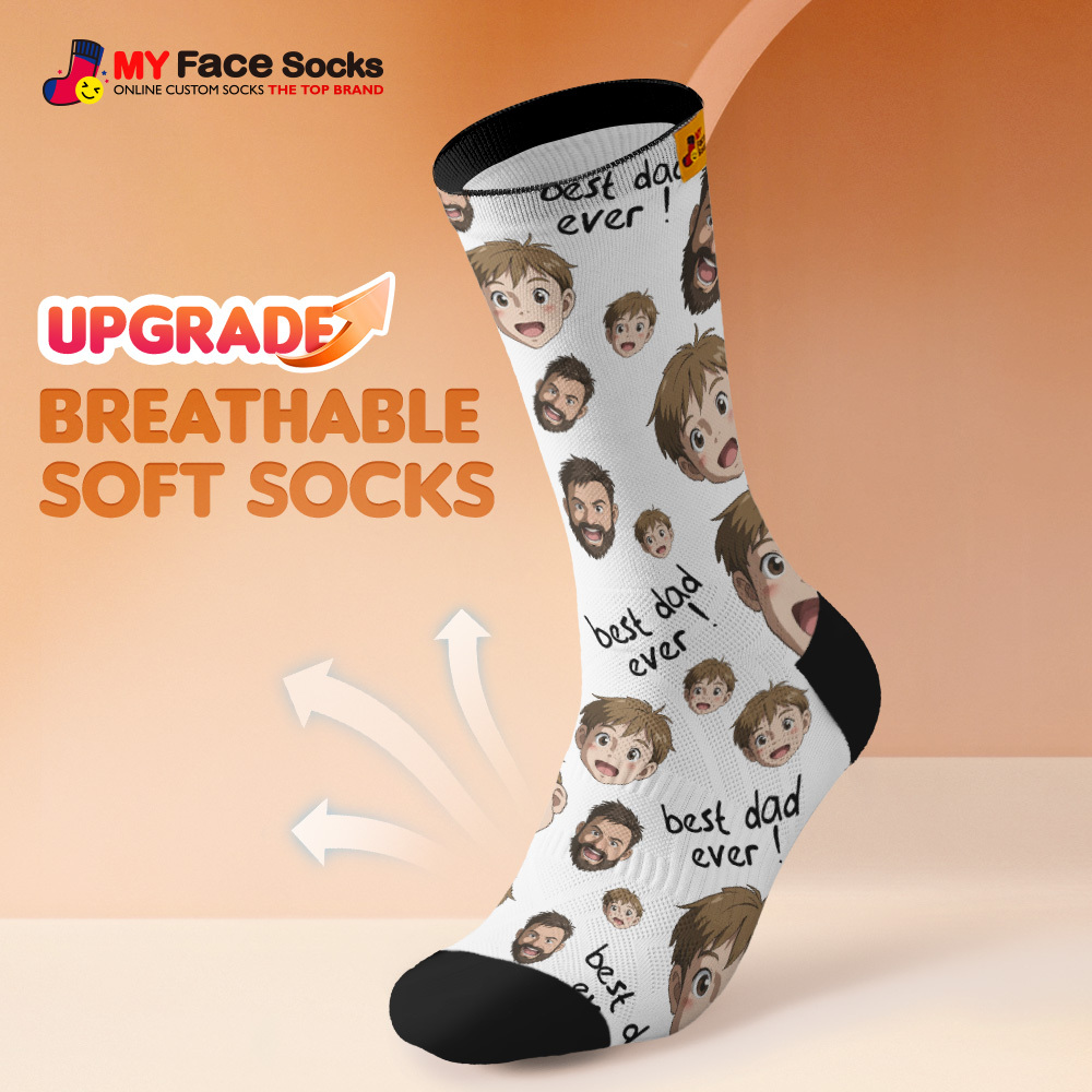 Custom Cartoon Dad Photo Print Socks Colorful Grey Blue Socks Personalized Custom Design Best Fathers Day Gift - MyFaceSocksAU