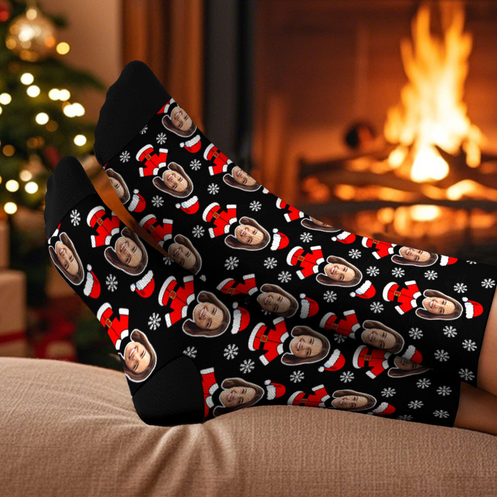 Custom Face Santa Cute Multicolor Socks Personalized Christmas Photo Socks Funny Holiday Gift for Family & Friends - MyFaceSocksAU