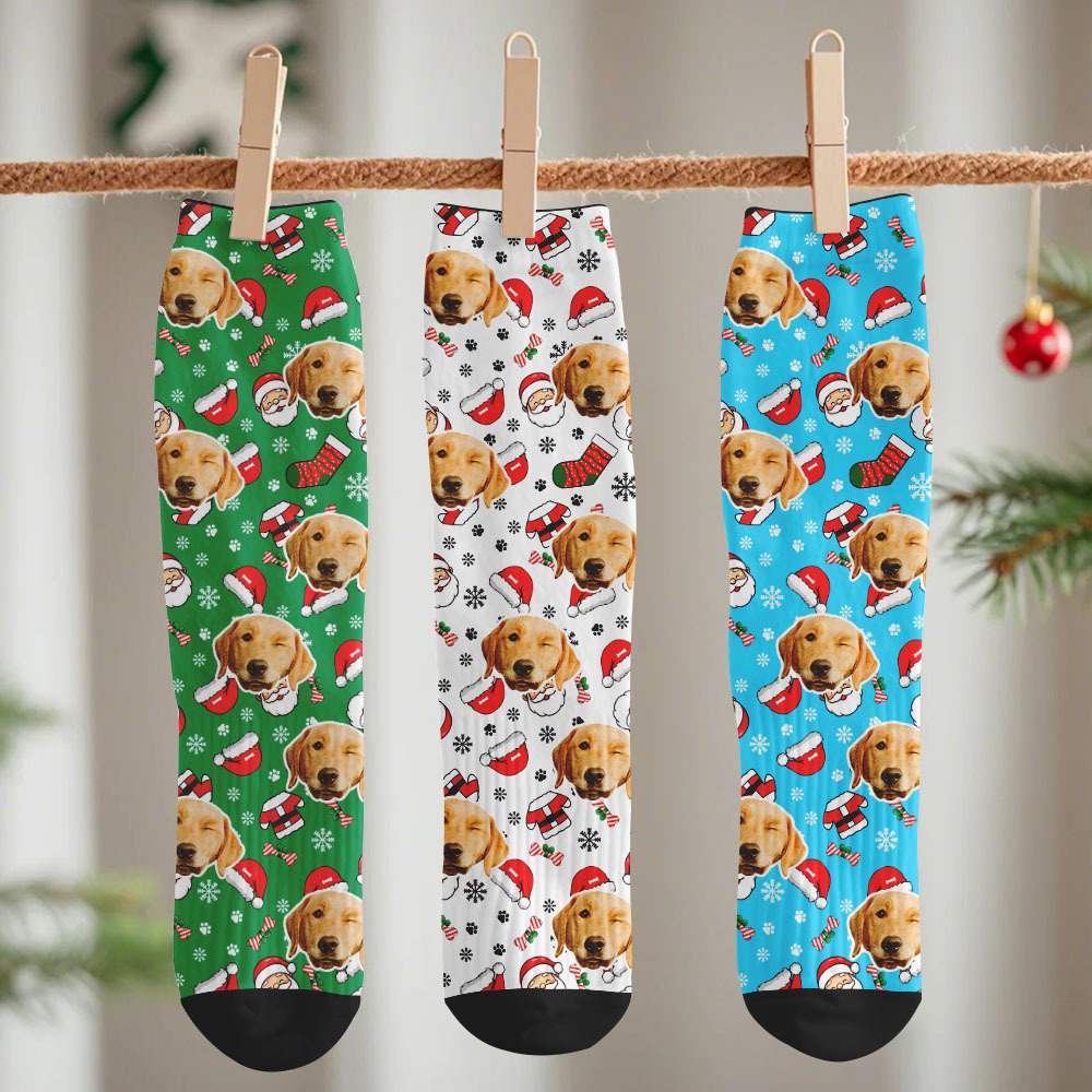 Custom Face Santa Cute Multicolor Socks Personalized Christmas Photo Socks Funny Holiday Gift for Family & Friends - MyFaceSocksAU