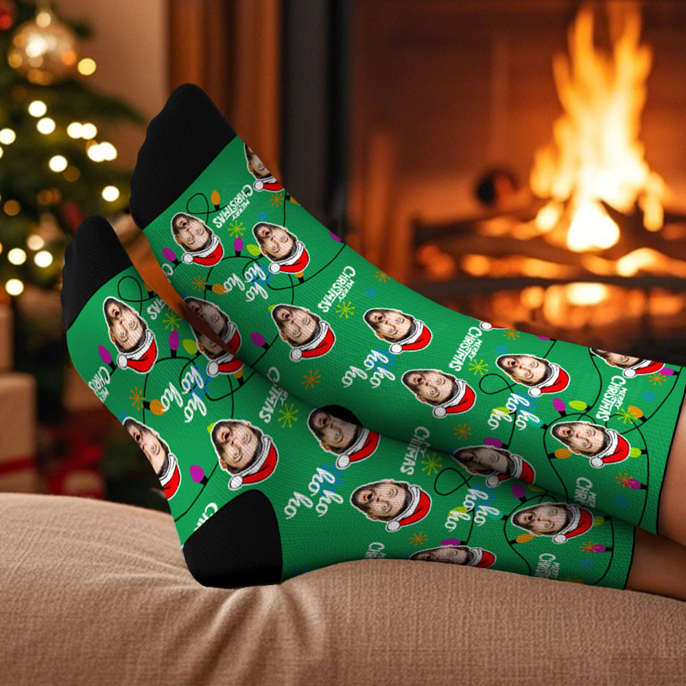 Custom Lantern Merry Christmas Face Socks Personalized Christmas Photo Socks Fun Gift for Family & Couples - MyFaceSocksAU