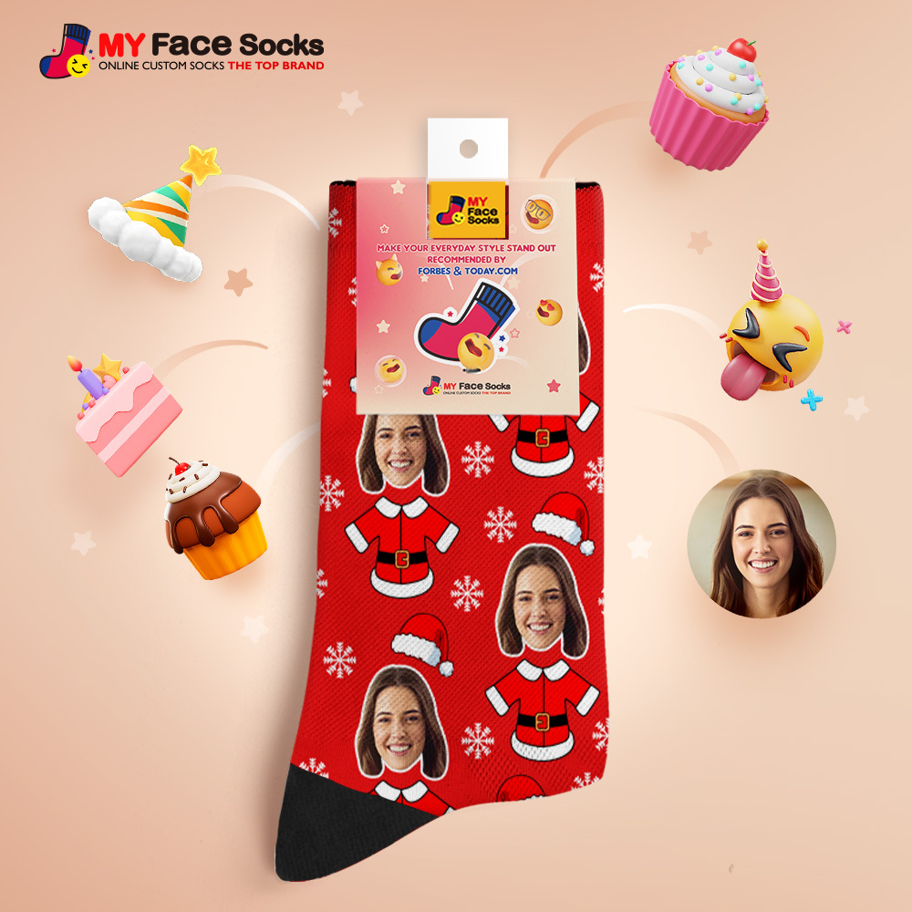 Custom Face Santa Cute Multicolor Socks Personalized Christmas Photo Socks Funny Holiday Gift for Family & Friends - MyFaceSocksAU