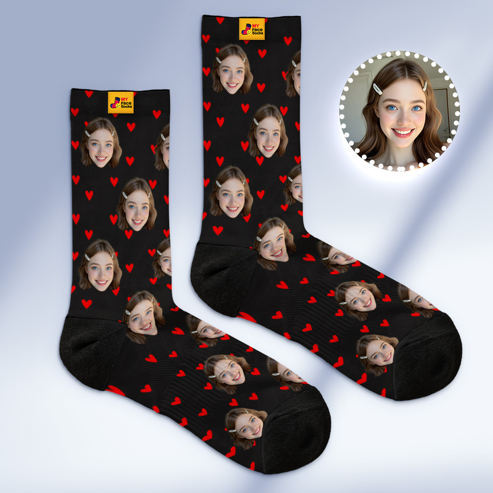 Custom Heart Face Socks Personalized Red Socks with Faces Photo Funny Gift Photo Couple Family Socks