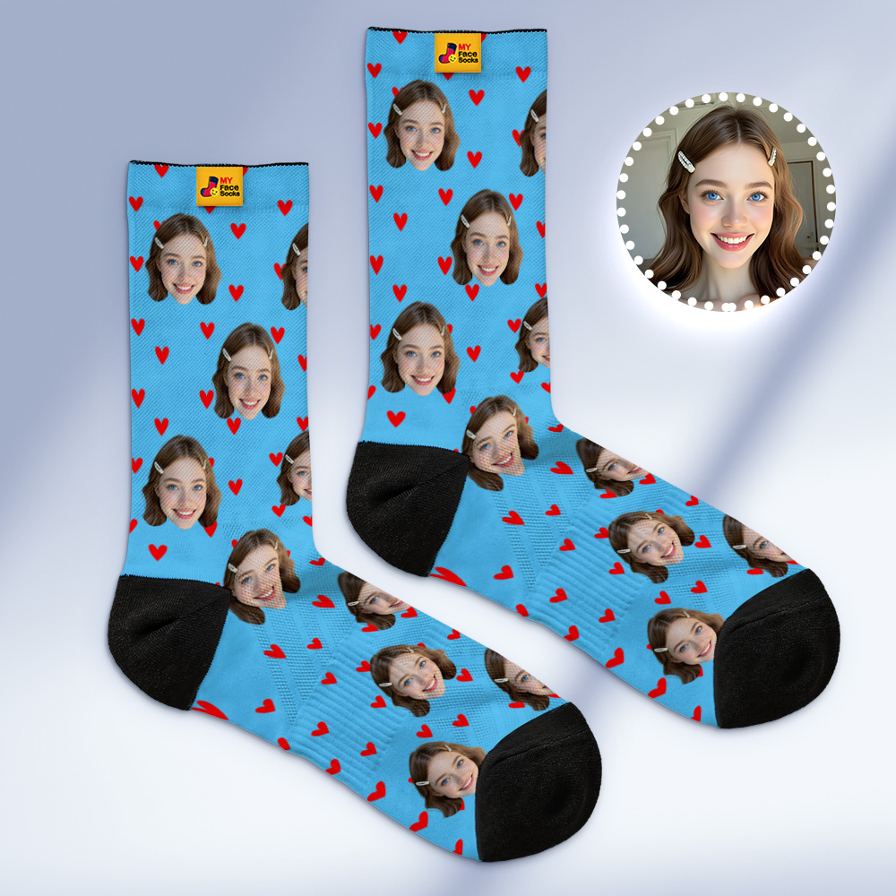 Custom Heart Face Socks Personalized Blue Socks with Faces Photo Funny Gift Photo Couple Family Socks