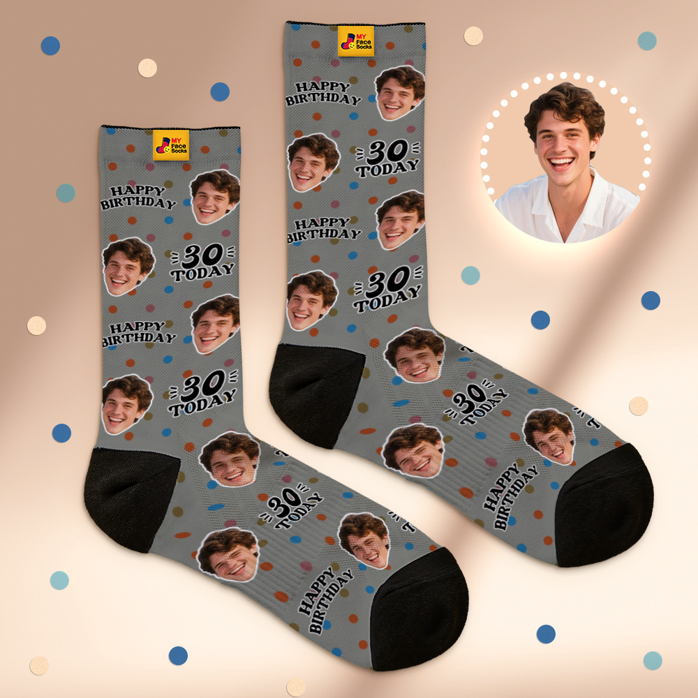 Custom Face Socks Gray Birthday Socks Personalized Birthday Polka Dot Socks with Faces Photo Funny Gift Photo Birthday Socks - MyFaceSocksAU