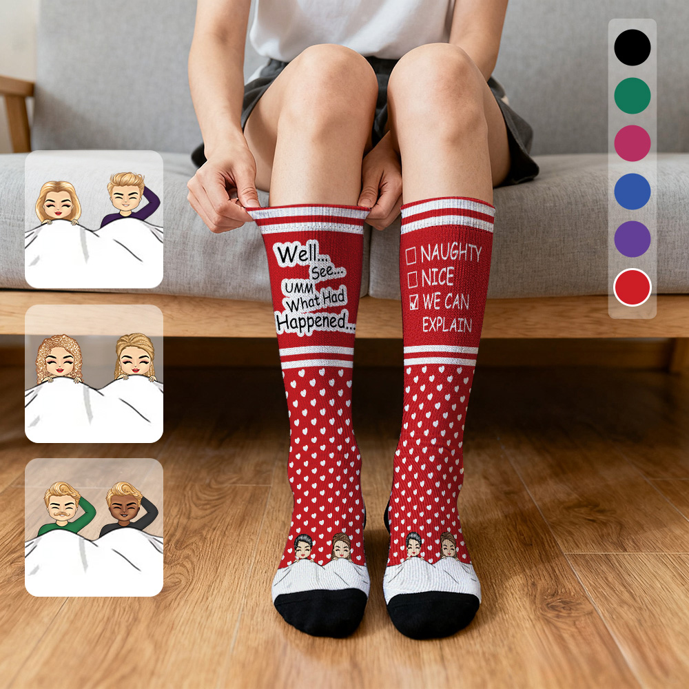 Custom Face Compression Socks Personalized Knee High Socks Red Cartoon Socks We Can Explain Gift For Couple Lover Valentine's Day Gift
