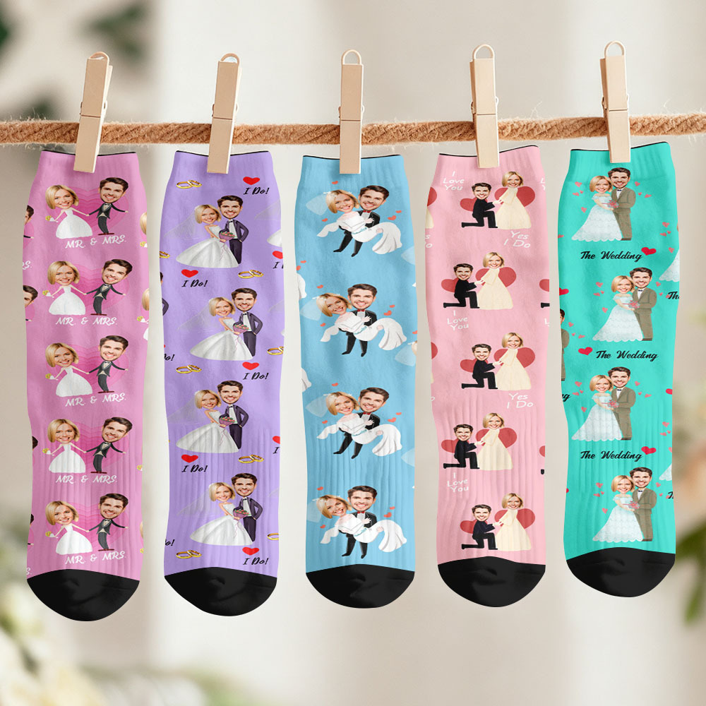 Personalized Wedding Theme Socks Custom Couple Photo Socks, Funny Bride and Groom Gift, Personalized Anniversary or Engagement Present - MyFaceSocksAU