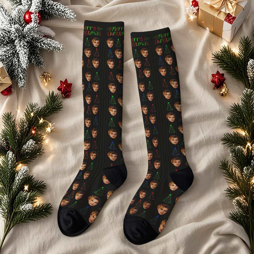 Custom Tree Gift Knee-high Socks Christmas Present Socks Custom Face Knee High Socks Fun Gift for Family Friends & Lovers - MyFaceSocksAU