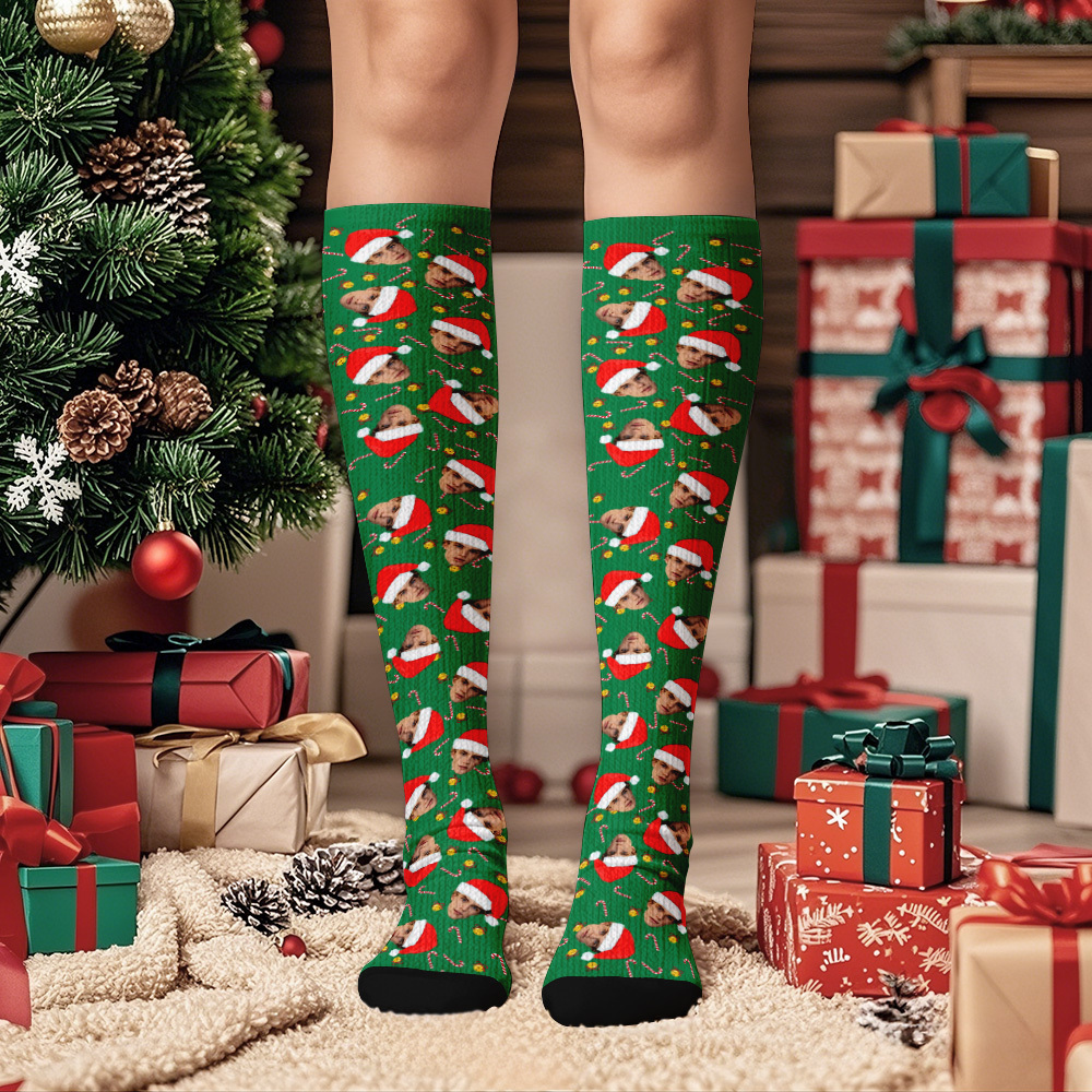 Custom Tree Gift Knee-high Socks Christmas Present Socks Custom Face Knee High Socks Fun Gift for Family Friends & Lovers - MyFaceSocksAU